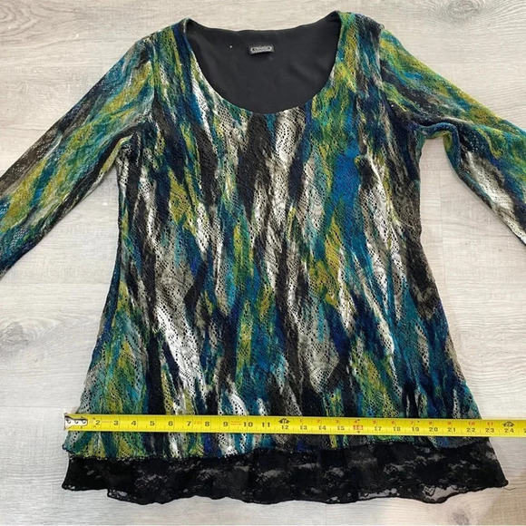 Clientele Watercolor Lace Overlay Frilly Blouse Size M - Picture 12 of 14